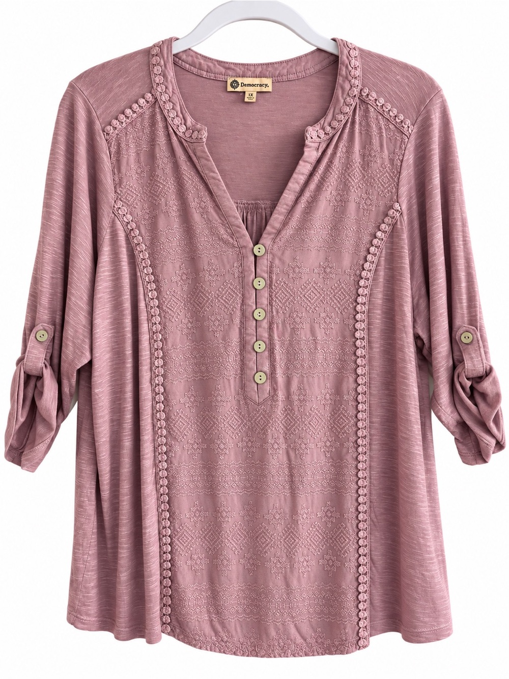 Democracy Mauve Crochet-Trim Button Henley Bloused